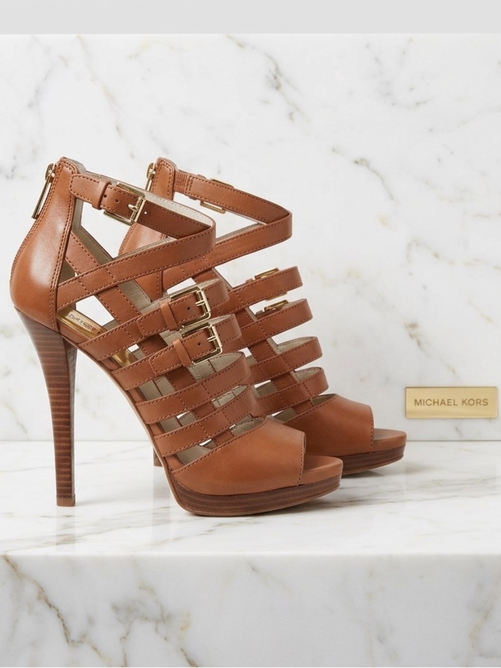 Michael Kors Sandra Luggage Tan Caged Gladiator Platform Sandals Heels 9.5